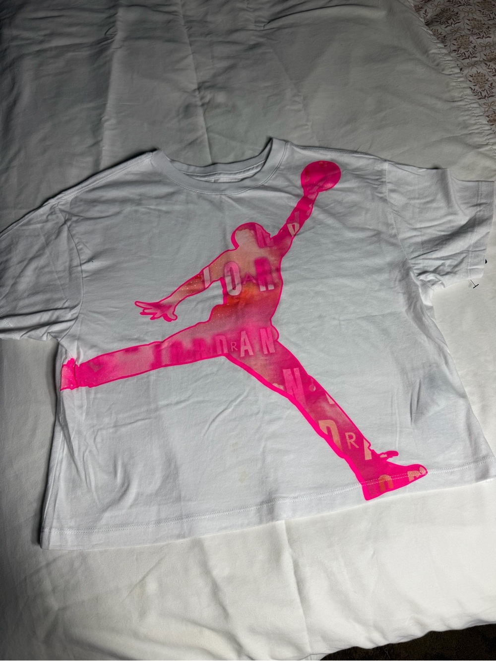 Jordan White Tee with Neon Pink Jumpman Graphic